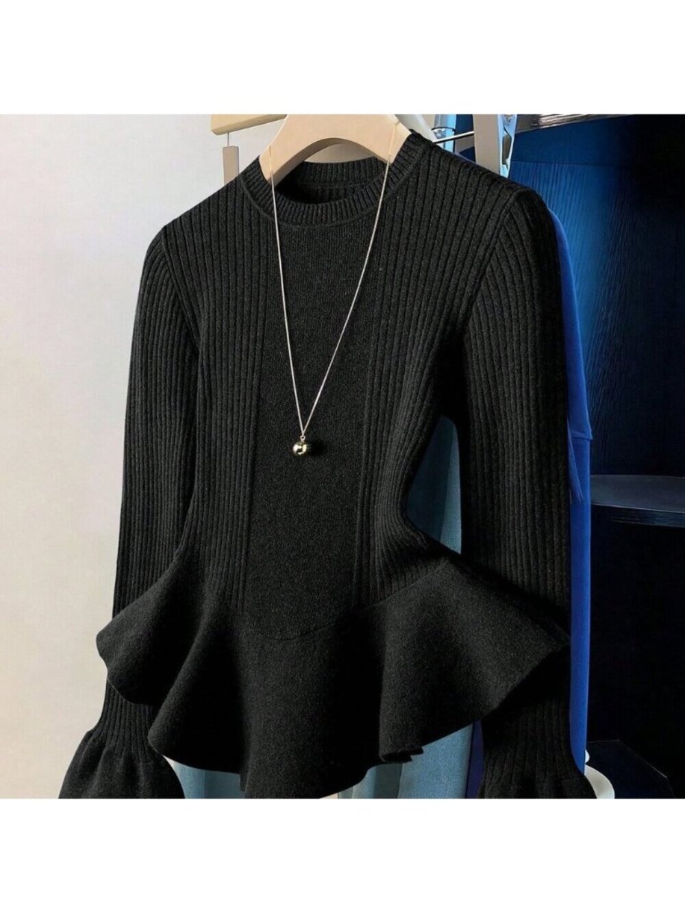 Black Casual Women's Ruffle Sleeve Peplum Sweater